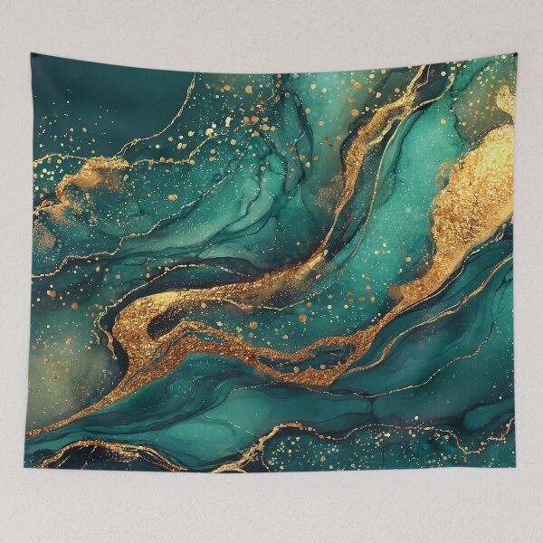 Item preview, Flowing Teal and Gold Liquid Resin Art for Living Room Decor designed and sold by Nine Lives Studio.
