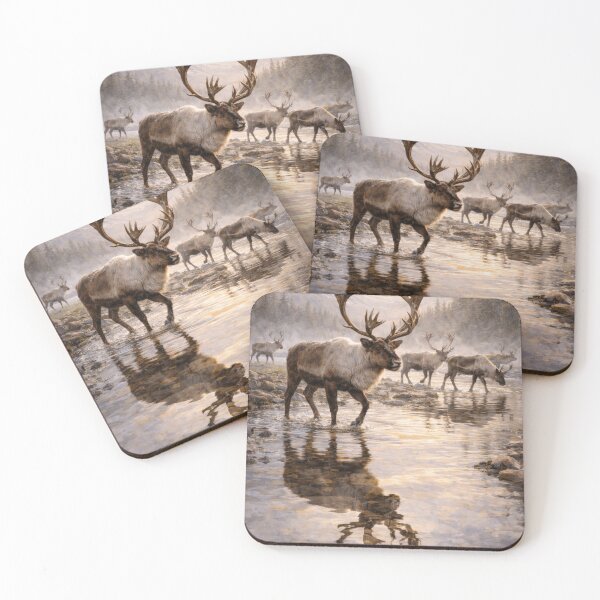 Item preview, Caribou Crossing Mountain Stream – Northern Wilderness Wildlife Art designed and sold by VandVArt.