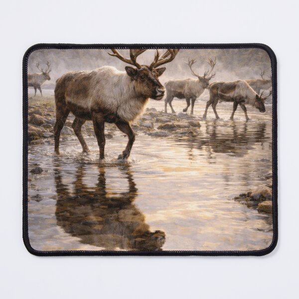 Item preview, Caribou Crossing Mountain Stream – Northern Wilderness Wildlife Art designed and sold by VandVArt.