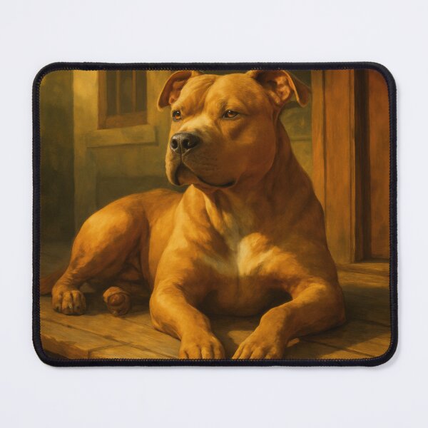 Item preview, Loyal Pit Bull Resting on Cabin Porch – Warm Dog Portrait Art designed and sold by VandVArt.