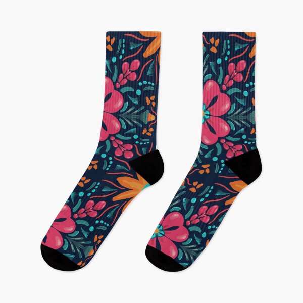 Item preview, Boho Folk Floral Seamless Pattern – Magenta & Orange Flowers on Midnight Blue designed and sold by MFGB-Creations.