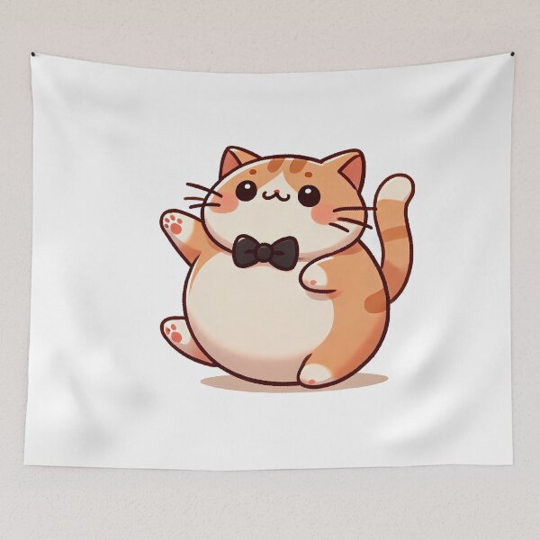 Item preview, A cute orange tabby cat with a bow tie, cheerful and plump, waving happily. designed and sold by cave-canvas.