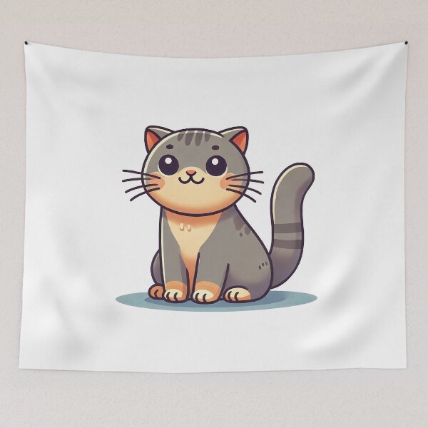 Item preview, Adorable cartoon cat with big eyes, sitting cutely on a blue surface, featuring a cheerful expression. designed and sold by cave-canvas.