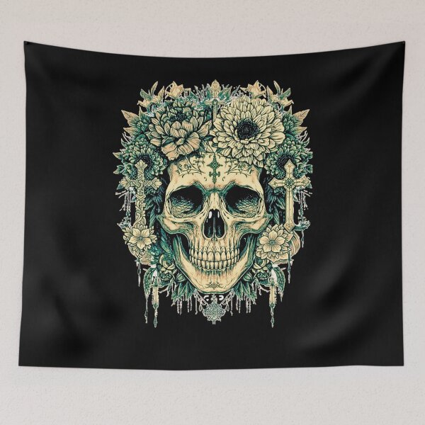 Item preview, Intricate Floral Skull with Crosses – Gothic Botanical Skull Art | Dark Aesthetic Tattoo Style designed and sold by SKULLARTISTRY.