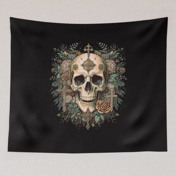 Item preview, Intricate Floral Skull with Crosses – Gothic Botanical Skull Art | Dark Aesthetic Tattoo Style designed and sold by SKULLARTISTRY.
