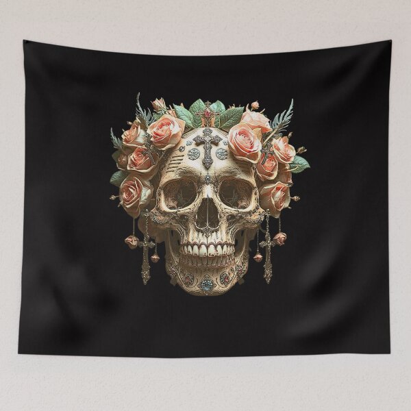 Item preview,  Intricate Floral Skull with Crosses – Gothic Botanical Skull Art | Dark Aesthetic Tattoo Style designed and sold by SKULLARTISTRY.