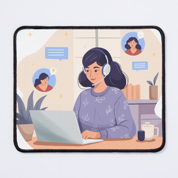 Item preview, Woman uses laptop to communicate while wearing headphones in a cozy indoor setting during daytime designed and sold by Ms. Iryna.