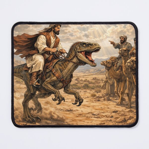 Item preview, Raptor Jesus Riding Velociraptor – Epic Comic-Style Prehistoric Biblical Art designed and sold by Endthedisease.