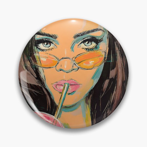 Item preview, Dive into Pop Art Vibes with a Blue-Eyed Woman Sipping a Drink Through Orange Sunglasses designed and sold by OlfactoART Studio.
