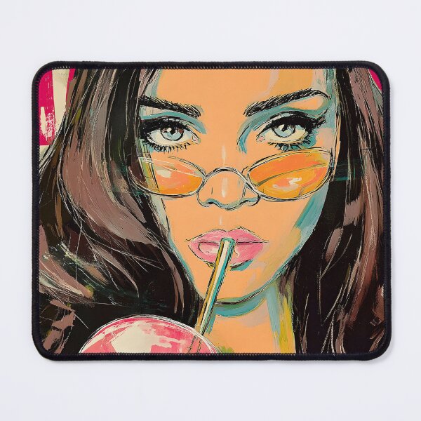 Item preview, Dive into Pop Art Vibes with a Blue-Eyed Woman Sipping a Drink Through Orange Sunglasses designed and sold by OlfactoART Studio.