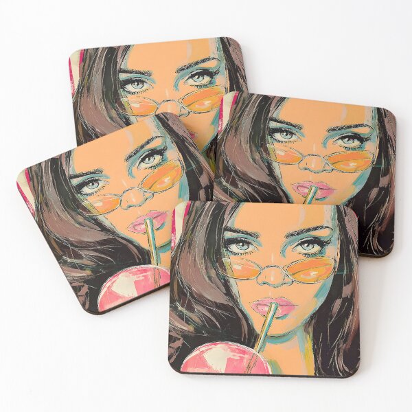 Item preview, Dive into Pop Art Vibes with a Blue-Eyed Woman Sipping a Drink Through Orange Sunglasses designed and sold by OlfactoART Studio.