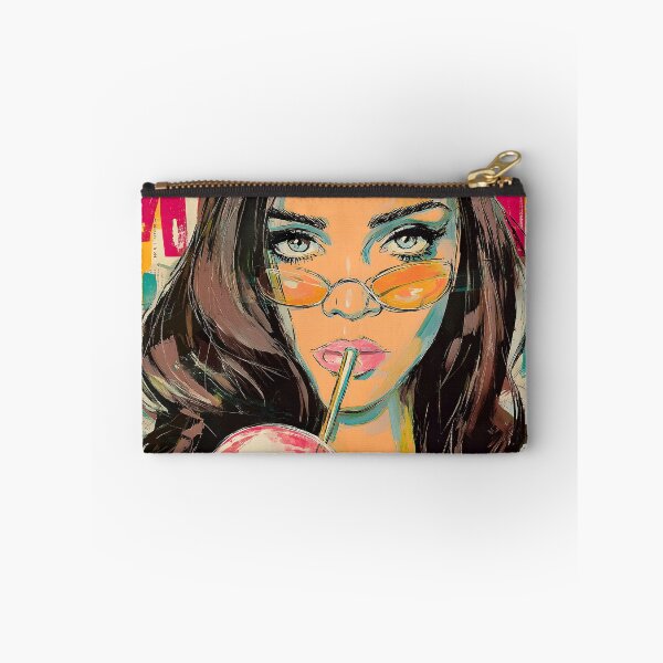Item preview, Dive into Pop Art Vibes with a Blue-Eyed Woman Sipping a Drink Through Orange Sunglasses designed and sold by OlfactoART Studio.