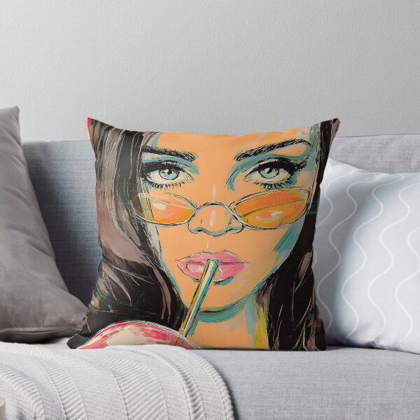 Item preview, Dive into Pop Art Vibes with a Blue-Eyed Woman Sipping a Drink Through Orange Sunglasses designed and sold by OlfactoART Studio.