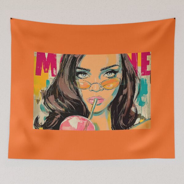 Item preview, Dive into Pop Art Vibes with a Blue-Eyed Woman Sipping a Drink Through Orange Sunglasses designed and sold by OlfactoART Studio.