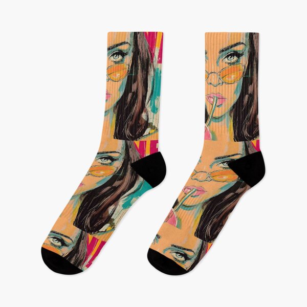 Item preview, Dive into Pop Art Vibes with a Blue-Eyed Woman Sipping a Drink Through Orange Sunglasses designed and sold by OlfactoART Studio.