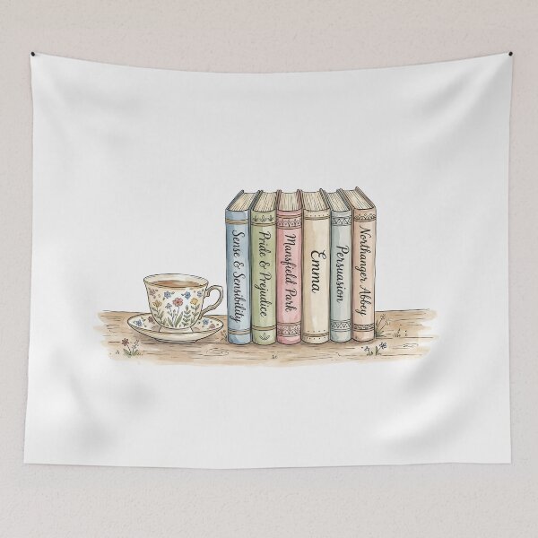 Item preview, Pride & Prejudice Jane Austen Books and Teacup Watercolor designed and sold by Fenay Designs.