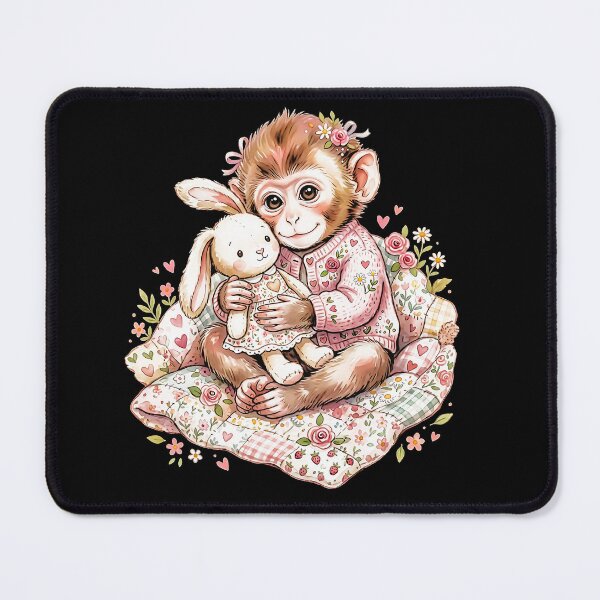 Item preview, Cute Baby Monkey Hugging Bunny Plush in Pink Cardigan Floral designed and sold by graphixpolash.