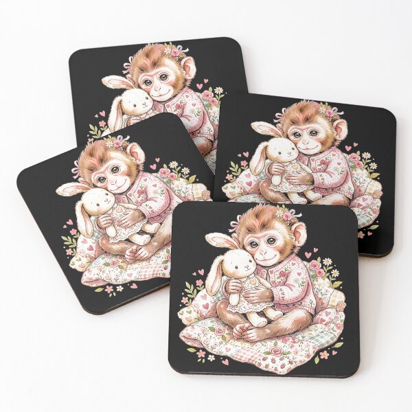 Item preview,  Cute Baby Monkey Hugging Bunny Plush in Pink Cardigan Floral designed and sold by graphixpolash.