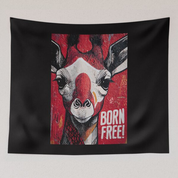 Item preview, Champion Wildlife Freedom with a Striking Giraffe Face on a Bold Red Born Free Wall designed and sold by OlfactoART Studio.