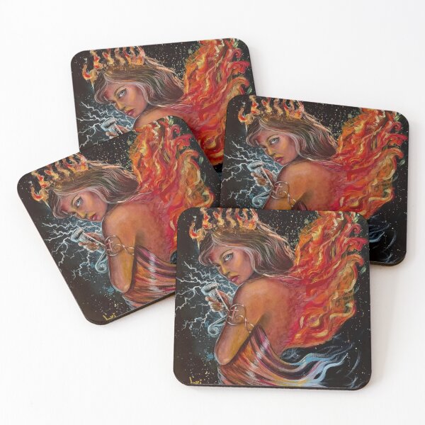 Item preview, Fire Angel Acrylic Painting by Lori Fiery wings and crown on a beautiful female angel lightening flashing from her sword designed and sold by Lori Richardson.