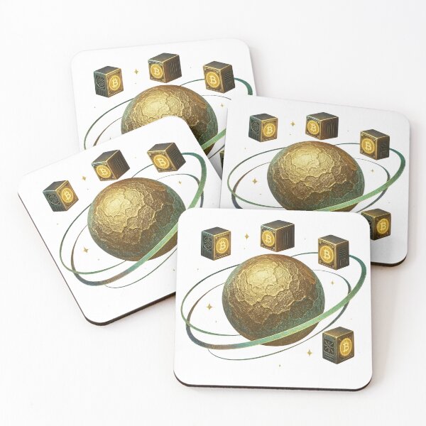 Item preview, Golden globe with Bitcoin symbols orbiting in space designed and sold by Creative88Art.