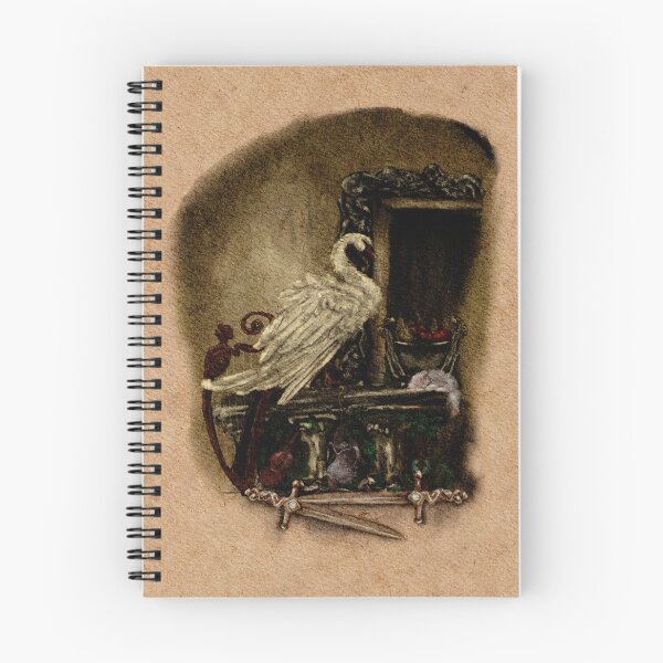 Item preview, Dark Academia Swan Watercolor in A Castlecore Medieval Aesthetic With Sleeping Kitten, Swords, Violins, and Pommegranites  designed and sold by Monica Laipple.