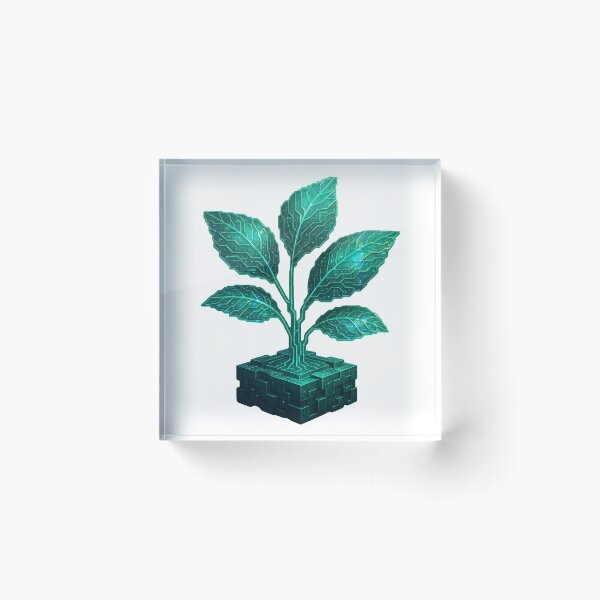 Item preview, Glowing green plant with circuit board leaves growing from digital cube base designed and sold by Creative88Art.