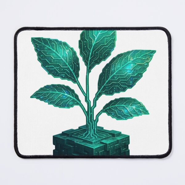 Item preview, Glowing green plant with circuit board leaves growing from digital cube base designed and sold by Creative88Art.