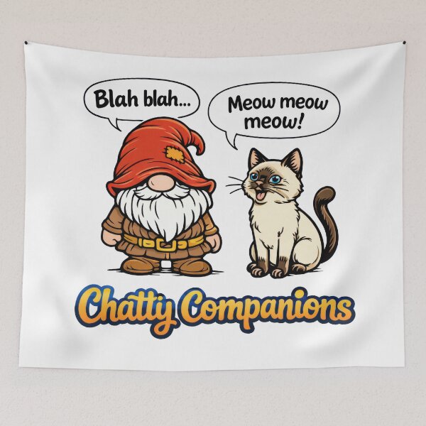 Item preview, Chatty Companions Funny Gnome and Talkative Siamese Cat Cartoon Illustration designed and sold by Moriarty's Digital Visions.