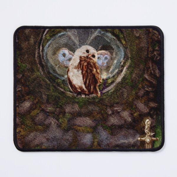 Item preview, Fantasy Wall Art: Dark Academia Vibes 3 Barn Owls in an abandoned Church watch a mouse wizard approach a sword in a the stone designed and sold by Monica Laipple.