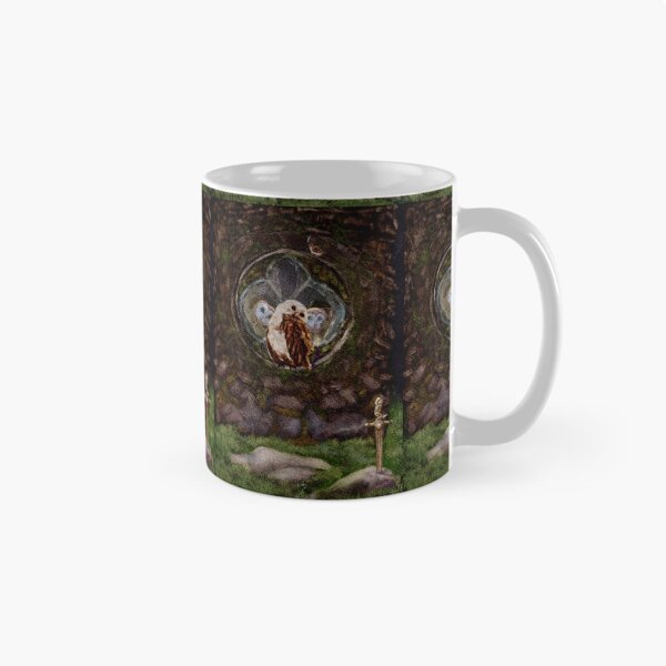 Item preview, Fantasy Wall Art: Dark Academia Vibes 3 Barn Owls in an abandoned Church watch a mouse wizard approach a sword in a the stone designed and sold by Monica Laipple.