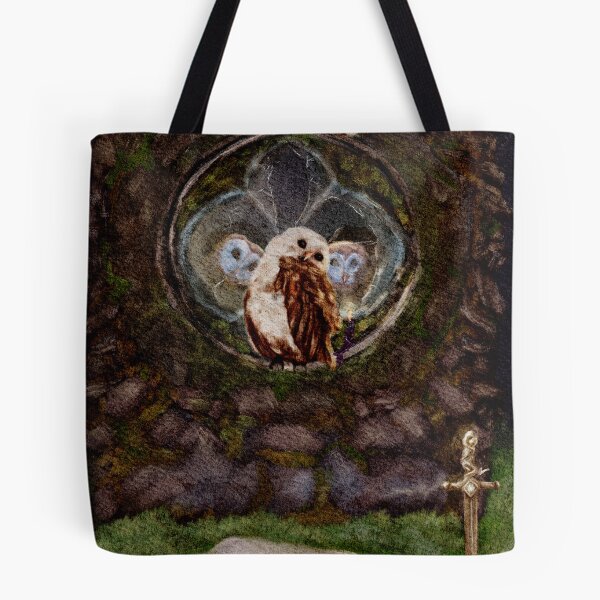 Item preview, Fantasy Wall Art: Dark Academia Vibes 3 Barn Owls in an abandoned Church watch a mouse wizard approach a sword in a the stone designed and sold by Monica Laipple.