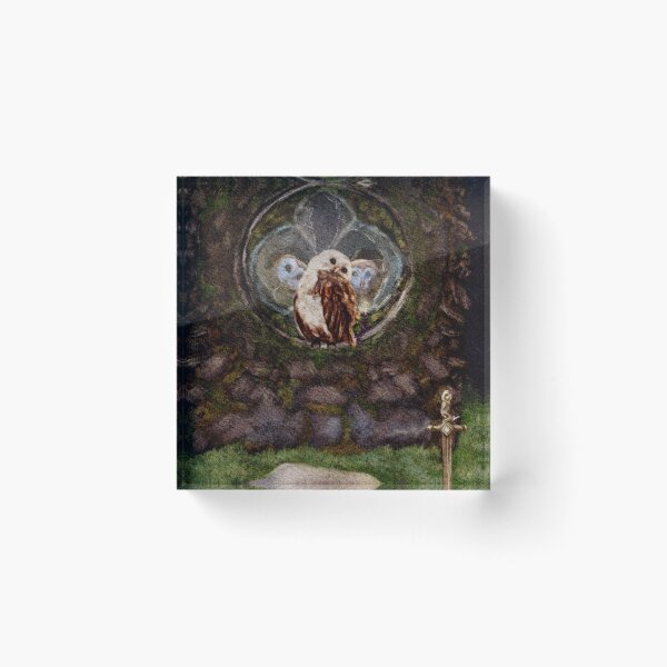 Item preview, Fantasy Wall Art: Dark Academia Vibes 3 Barn Owls in an abandoned Church watch a mouse wizard approach a sword in a the stone designed and sold by Monica Laipple.