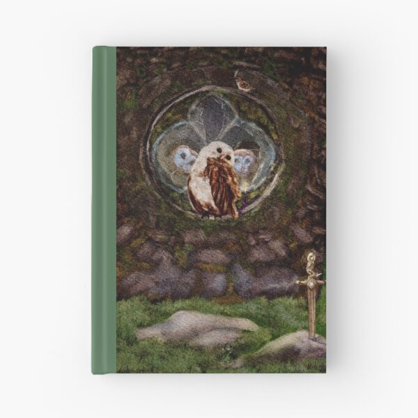 Item preview, Fantasy Wall Art: Dark Academia Vibes 3 Barn Owls in an abandoned Church watch a mouse wizard approach a sword in a the stone designed and sold by Monica Laipple.
