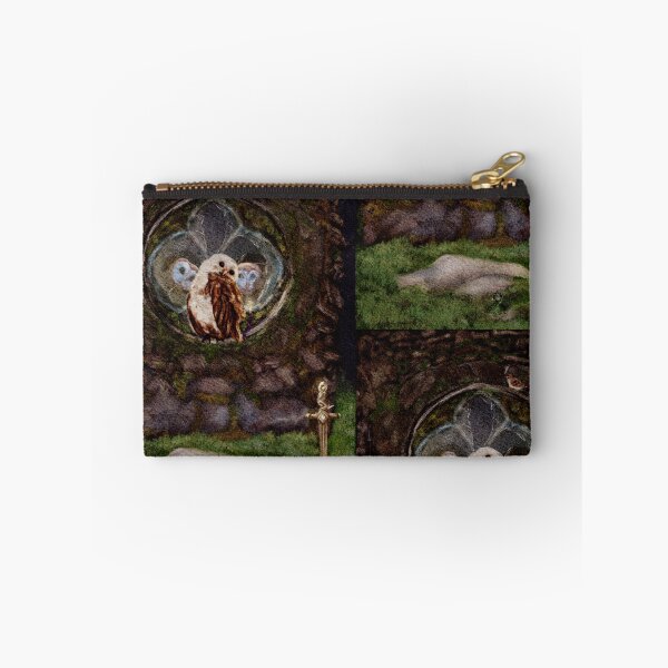 Item preview, Fantasy Wall Art: Dark Academia Vibes 3 Barn Owls in an abandoned Church watch a mouse wizard approach a sword in a the stone designed and sold by Monica Laipple.