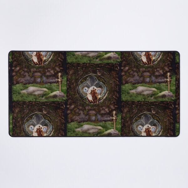 Item preview, Fantasy Wall Art: Dark Academia Vibes 3 Barn Owls in an abandoned Church watch a mouse wizard approach a sword in a the stone designed and sold by Monica Laipple.