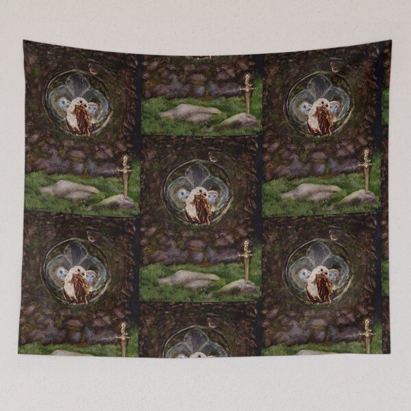 Item preview, Fantasy Wall Art: Dark Academia Vibes 3 Barn Owls in an abandoned Church watch a mouse wizard approach a sword in a the stone designed and sold by Monica Laipple.