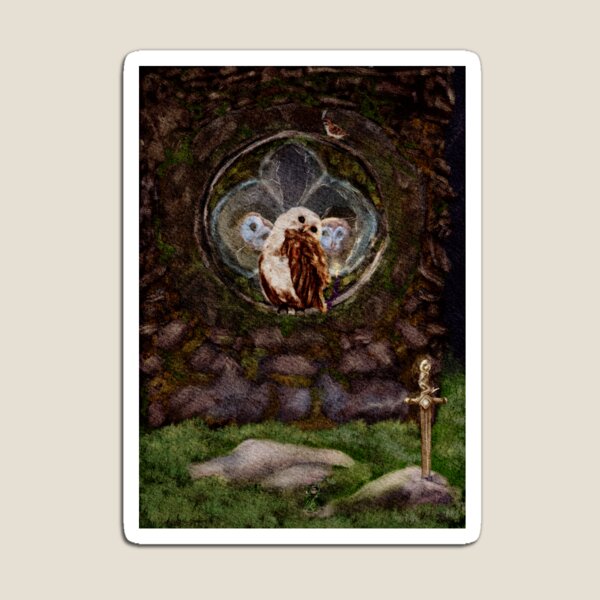 Item preview, Fantasy Wall Art: Dark Academia Vibes 3 Barn Owls in an abandoned Church watch a mouse wizard approach a sword in a the stone designed and sold by Monica Laipple.