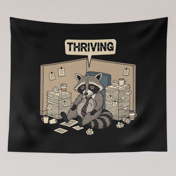 Item preview, Exhausted Raccoon Office Cubicle Thriving Retro Comic Satire Gift designed and sold by Bobo Shirts .