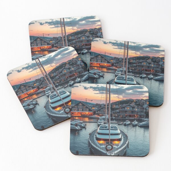 Item preview, Luxury Yacht at Sunset in Coastal Harbor designed and sold by Vida e Arte.