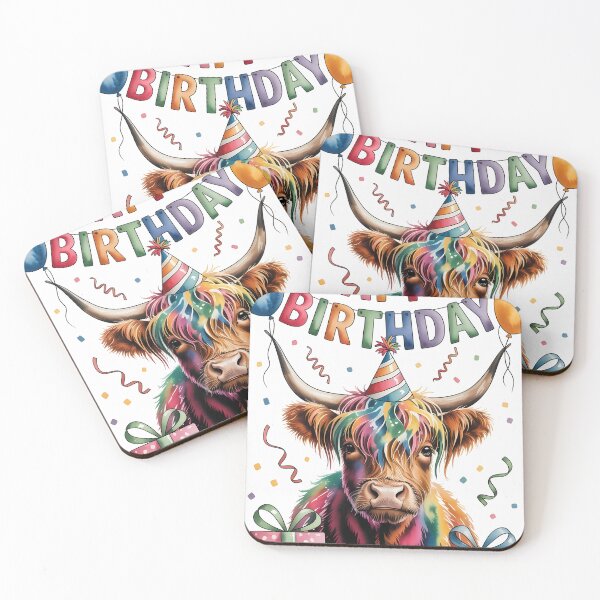 Item preview, Watercolor Highland Cow Birthday Card – Party Hat Cow with Balloons & Confetti designed and sold by SellingWSarah17.