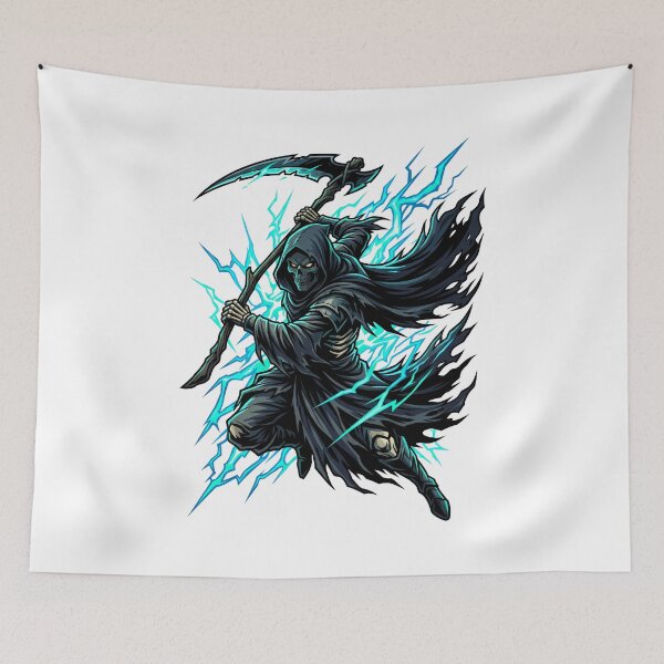 Item preview, Scary Grim Reaper Swinging Scythe Under Vivid Teal Lightning designed and sold by Tong4130.