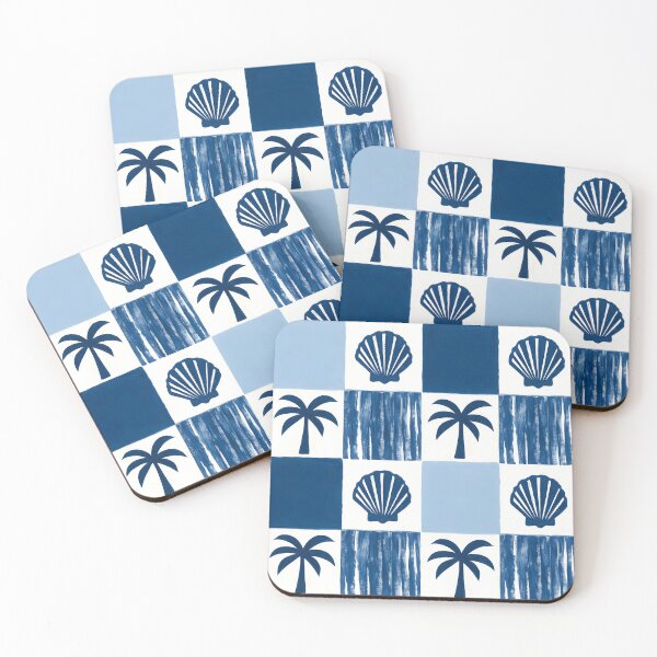 Item preview, Coastal Tile Patchwork Seamless Pattern, Blue Beach Shell Palm Tree Pattern, Mediterranean Tile Digital Paper, Tropical Coastal Fabric Design, Seaside Repeat Pattern designed and sold by FRH Design ⭐⭐⭐⭐⭐.