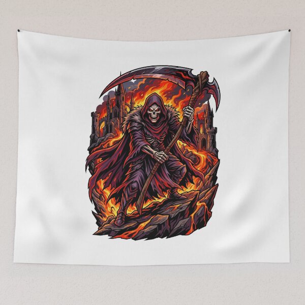 Item preview, Grim Reaper Holding Scythe Over Volcanic Lava And Ruins designed and sold by Tong4130.