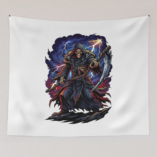 Item preview, Grim Reaper Pointing Scythe Amidst Violent Lightning Storm Clouds designed and sold by Tong4130.