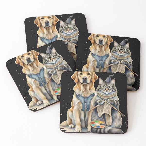 Item preview, Whimsical Watercolor Pet Pals: Knitting Cat & Golden Retriever designed and sold by GenZFashion000.