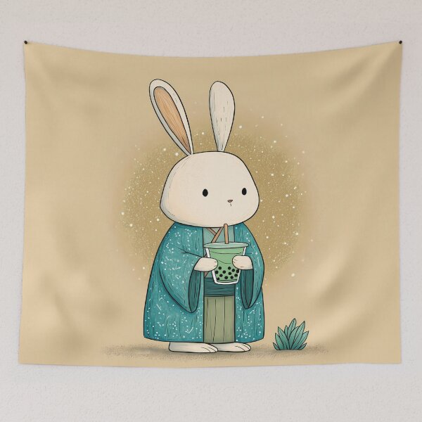 Item preview, Bunny in Yukata Drinking Boba Tea Cute Kawaii Illustration designed and sold by BobaBunny76.