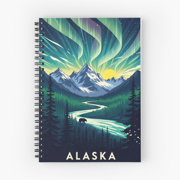 Item preview, Alaska Northern Lights Aurora - Mountain River Bear - Vintage Retro Travel Poster designed and sold by Pattern-Parade.