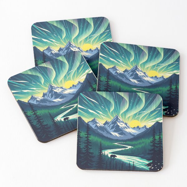 Item preview, Alaska Northern Lights Aurora - Mountain River Bear - Vintage Retro Travel Poster designed and sold by Pattern-Parade.