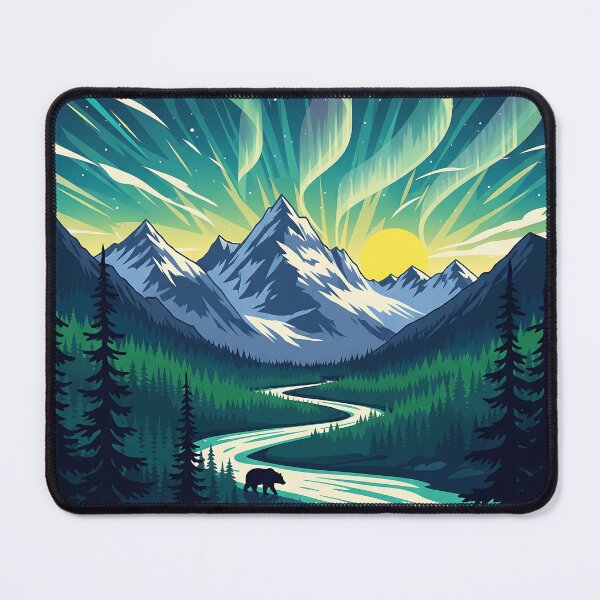 Item preview, Alaska Northern Lights Aurora - Mountain River Bear - Vintage Retro Travel Poster designed and sold by Pattern-Parade.